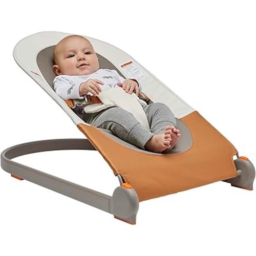 Boon Slant Portable Baby Bouncer - Folding Baby Seat for Infants - Lightweight Portable Baby Chair with Machine Washable Fabric and 3-Point Harness - Tan