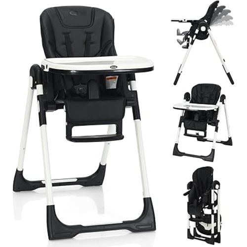INFANS High Chair for Babies & Toddlers, Foldable Highchair with Multiple Adjustable Backrest, Footrest and Seat Height, Removable Tray, Detachable PU Leather Cushion, Built-in Rear Wheels (Black)