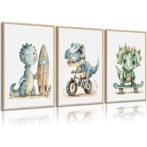 Funny Dinosaur Nursery Canvas Wall Art Surfing Skateboard Riding Dinosaur Painting Picture Wall Decor Sport Nursery dinosaur Print Artwork Poster Print Artwork for Boys Room Girls Room Home Decoration