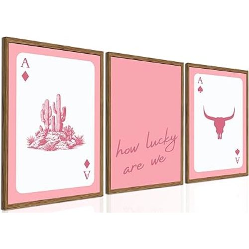 Western Wall Art Set of 3, Southwestern Cowboy Playing Card Wall Decor, Pink Longhorn Bull Skull and How Lucky are We Poster Canvas Painting Prints for Bedroom Living Room 12x16 inch Wood Framed