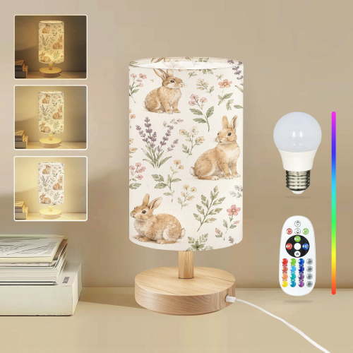 16-Color Dimmable Table Lamp, Cute Illustrative Bunny Wildflowers Beige Bedside Nightstand Light with Wood Base Fabric Shade, Gifts for Kids Bedroom Nursery Living Room Office