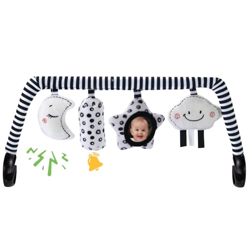 Baby Bouncer Toy Bar Soft with 4 Hanging Sensory Toys Attachment, Compatible with Baby Bjorn Bouncer, with Mirror, Rattle, Crinkle Sound for Babies All Ages (Black and White Shapes)