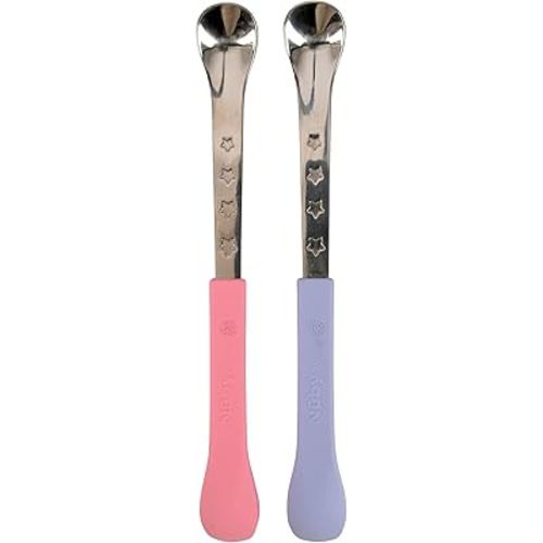 Nuby 2 in 1 Silicone and Stainless Steel Dual Ended Feeding Spoons for Baby, Purple/Pink