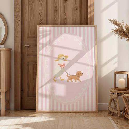 Watercolor Goose and Cavoodle Print, Pink Striped Wall Art, Nursery Decor, Dog Lover Gift, Baby Girl Printable Cavapoo gift Digital download