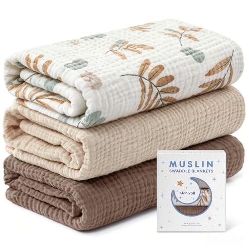 Unnivoll Muslin Swaddle Blankets for Newborns, 100% Cotton Receiving Blankets, Large 38 x 40 inches Baby Swaddle Blanket for Baby Boys and Girls, Soft Breathable Infant Baby Essentials 3 Pack Brown