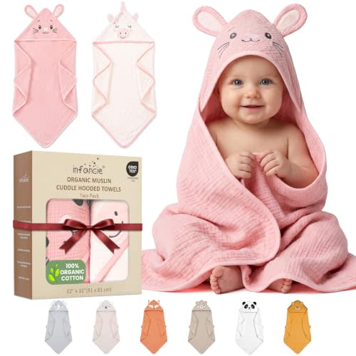 100% Organic Cotton Muslin Hooded Baby Towels for Newborn 2 PK 32x32 in | Oeko Tex Certified 100% Organic Cotton Muslin Cuddle Hooded Baby Towels Infant 2, Baby Bath Towels, Toddler Towels