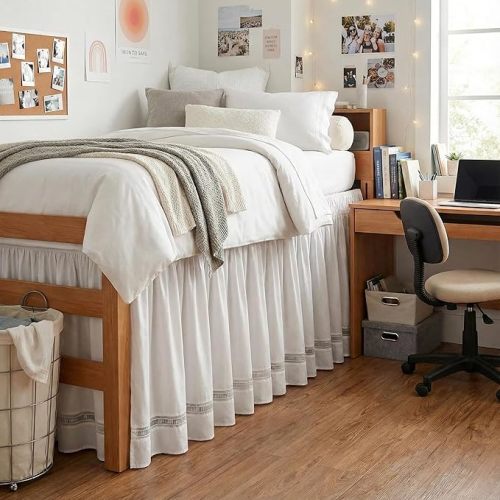 MIYE Wrap Around Ruffled Lace Bed Skirt, Elastic Dust Ruffle with Adjustable Belts, Easy to Put On, Bed Frame Cover, Machine Washable (Floral Lace/White, Full/Twin-22 Drop)