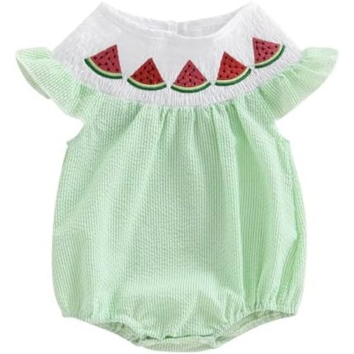 Newborn Smocked Baby Girl Bubble Romper Sleeveless Ruffle Linen Bodysuit Infant Cherry Fruit Summer Outfit