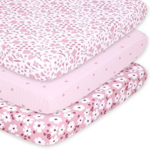 The Peanutshell Mini Crib, Playard Sheets, 3 Pack, Daisy | Pink, Mauve