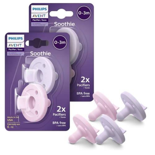 Philips Avent Soothie Orthodontic Baby Pacifiers, 100% Silicone Pacifiers, One Piece, BPA-Free, for Babies 0-3 Months, 2 Lilac and 2 Pink, 4 Pack, Model SCF190/70