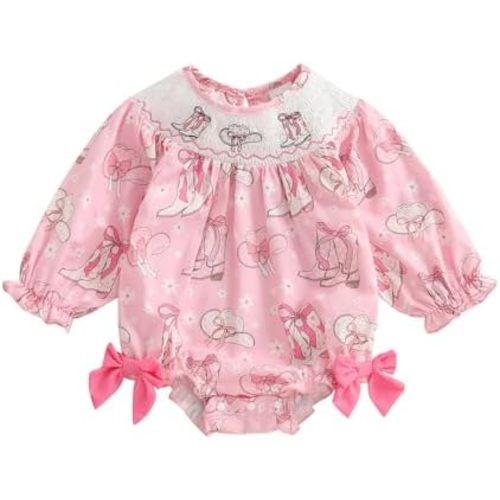 Newborn Baby Girl Western Clothes Long Sleeve Smocked Bubble Romper Western Boots Print Sweatshirt Cowgirl Outfits