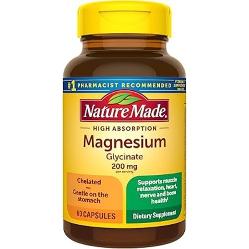 Nature Made Magnesium Glycinate 200 mg per Serving, Magnesium Supplement for Muscle, Heart, Nerve and Bone Support, 60 Magnesium Bisglycinate Capsules, 30 Day Supply