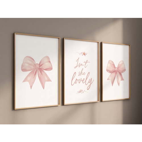 UNFFRAMED Bow Print Wall Art, Bow Nursery Print, Pink Bow Nursery Wall Art, Bow Nursery Art, Bow Nursery Decor, Bow Print Wall Art Pink, Girl Nursery #533 Set 3 Prints 20x30