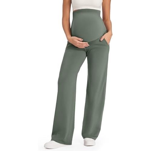 G4Free Maternity Pants Over The Belly Yoga Dress Work Pregnancy Pants Stretchy Lounge Wide Leg Trousers with Pockets