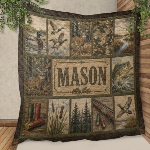 Personalized Hunting Patchwork Blanket, Custom Deer Duck Hunting Quilt, Bass Fishing Throw Blanket, Hunter Gift for Men