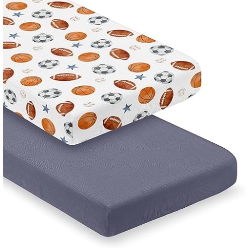 Sweet Jojo Designs 2-Piece Muslin Crib Sheets (Sports Theme) for Baby Boys, Infant Nursery, Toddler Room - Standard Size 100% Cotton Sheet Set (Solid Blue, Soccer Football Star, Baseball, Basketball)