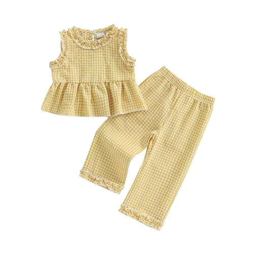 Kupretty Toddler Girl Clothes Baby Summer Outfits Gingham Ruffle Sleeveless Vest Shirt Tank Tops Pants Set 1T 2T 3T 4T 5T