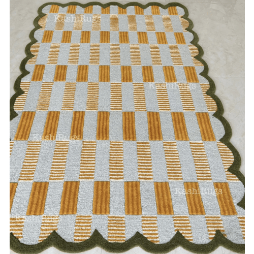 Scalloped Edge Hand Tufted Rug – Modern Striped & Plaid Carpet, Blue and Green Contemporary Area Rug for Living Room, Bedroom, or Office....