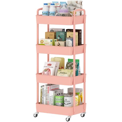 Sywhitta 4-Tier Plastic Rolling Utility Cart with Handle, Multi-Functional Storage Trolley for Office, Living Room, Kitchen, Movable Storage Organizer with Wheels, Pink