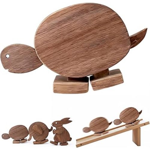 Handmade Walking Wooden Animals, Wooden Walking Animal Figures with Ramp, Educational Rabbit Elephant & Turtle Statue Ornaments, Mechanical Balance Walking Sculpture, Fun Science Gift (Turtle)