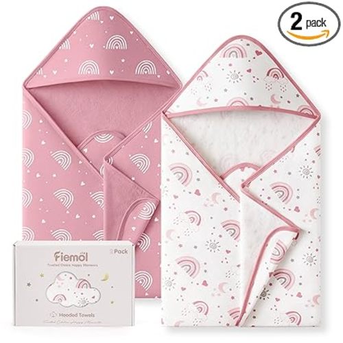 Hooded Baby Towels for Newborn,100% Cotton Baby Bath Towels with Hood for Infant Toddler Girl, 2 Pack 32x32 Inch Soft & Absorbent Knit Terry Bath Essentials Pink Rainbow