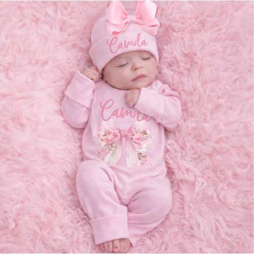 Personalized Baby Girl Coming Home Outfit: Pink Romper and Hat