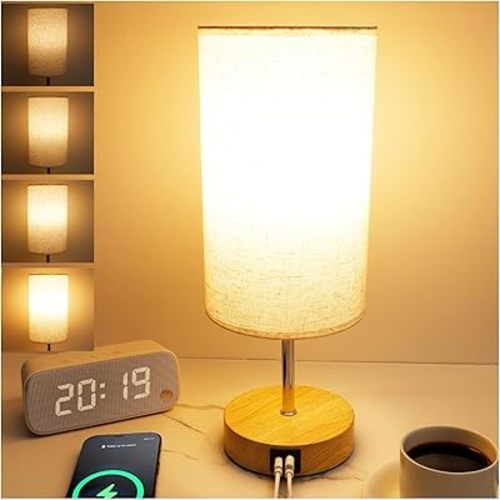 Bedside Table Lamp for Bedroom - 4 Way Dimmable Touch Lamp with USB and Type-C Charge Port, Small Wood Base Round Flaxen Fabric Shade Lamp Living Room,Bedroom Use(Yellow Color Base)