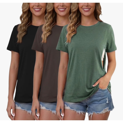 Ecavus Women's 3-Pack Nursing Shirts for Breastfeeding with Hidden Zippers Loose Fit Maternity Tops