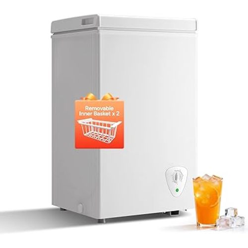 Compact 2.2 Cu.Ft Wanai Chest Freezer with 2 Removable Baskets, Mini Deep Freezer Adjustable 7 Thermostat with Top-Open Door for Home Kitchen, White