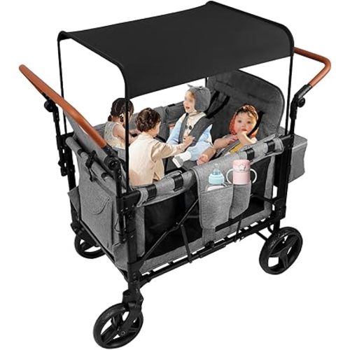 Wagon Stroller for 4 Kids, All-Terrain Wagon for Toddler with Canopy, Adjustable Dual Handlebars, Five-Point Harness for Parks, Beaches, and Camping