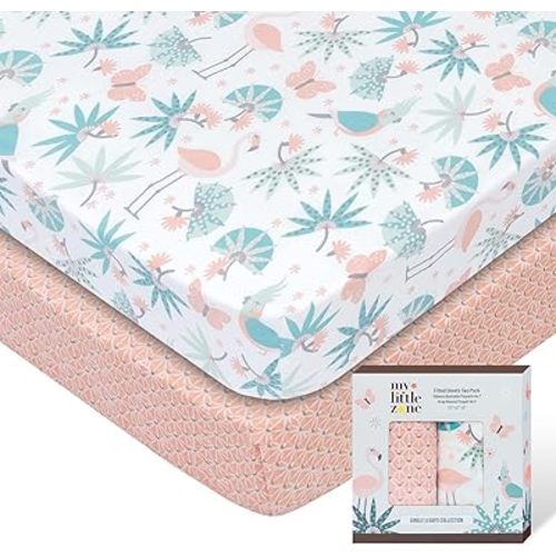 100% Cotton Crib Fitted Sheets Flamingo Jungle Leaves 28x52 White-Pink 2 Pack