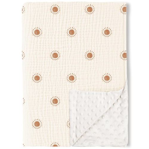 Konssy Baby Blankets for Unisex Boys Girls, Super Soft Nursery Minky Blankets with Muslin Cotton Front and Dotted Fleece Backing, Printed Bed Throws Newborn