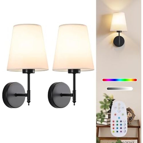 Battery Operated Wall Sconce Set of 2, Rechargeable Wall Lights with 5200mAh Dimmable Bulbs and Remote,15 RGB Colors Wireless Wall Lamps with Fabric for Bedroom Living Room Hallway Decor (Black)