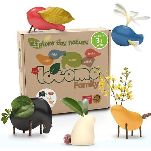 Taksa Toys Locomo Family Multicolored Edition IV (Set of 5) - Wooden Animal Figures Open-Ended Educational Outdoor Play to Trigger Child’s Imagination and The Love of Nature. Montessori Waldorf Toys