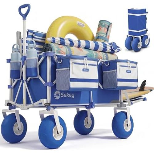 Sekey Heavy Duty Beach Wagon with 9" Big Sand-Proof Wheels, 300L Oversized Foldable Beach Cart with Cooler| Adjustable Handle & Balloon Tires for Sand, Camping,Vacation