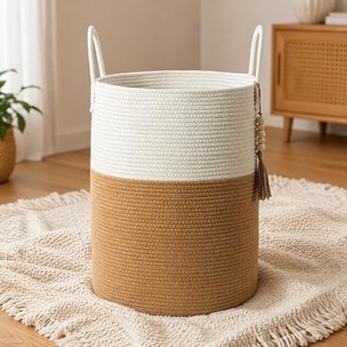Blanket Basket 58L, Woven Laundry Hamper Tall Laundry Basket with Boho Wooden Tassels, Large Cotton Rope Storage Basket for Blankets Pillows Toys, Living Room Nursery Bedroom Decor