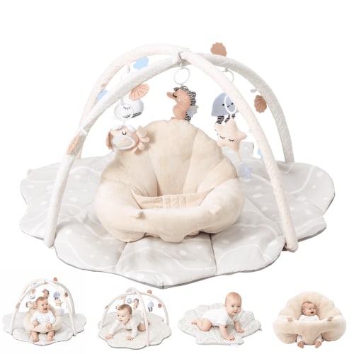 Baby Gym Playmat with Seat Cushion, Tummy Time Mat, 6 Detachable Toys for Infant Newborn Toddler 0-18 Months,Beige