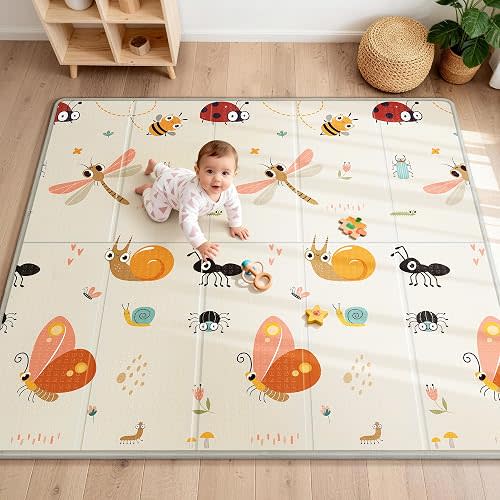 Foldable Baby Play Mat for Floor, 79x71 Extra Large Baby Play Mat for Crawling, Waterproof & Non-Toxic Foam Floor Mats, Portable Soft Foam Playmat for Babies 6-12 Months, Infants &Toddlers (Dragonfly)