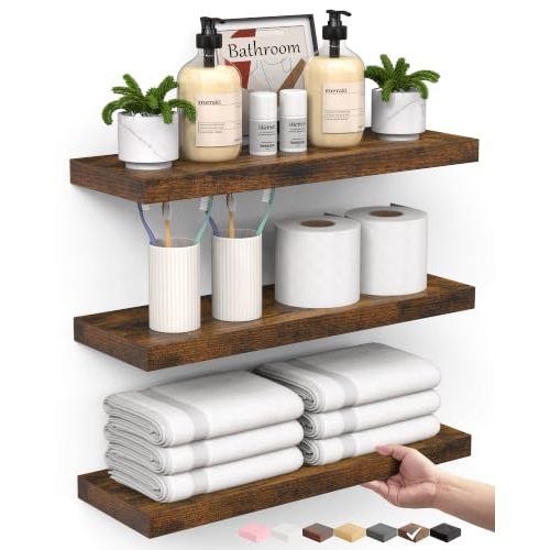 BAYKA Rustic Brown Bathroom Floating Shelves, 15.7in, 3Pk, Wall Mount Shelf | Easy Install, 22lbs Max Load, Hidden Bracket, for Above Toilet Bedroom Kitchen Display Storage Decor, Multi-Wall Compatible