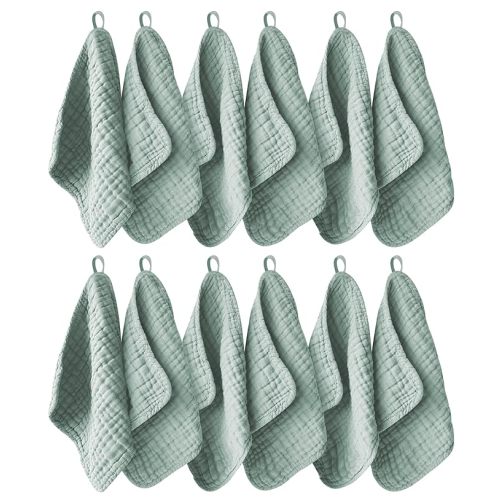12 Pack Muslin Washcloths for Baby - 100% Cotton Baby Wash Cloths for or Baby Face Body Comfy and Soft for Newborn Infants Kids Girls and Boys - 12"x12" - Green