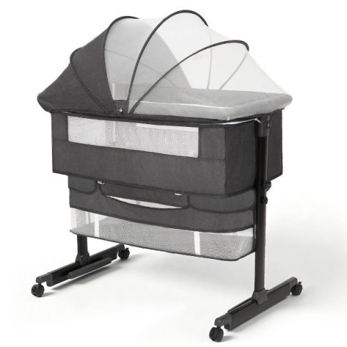 Baby Bassinet Bedside Crib with Adjustable Height, Breathable Mesh Sides, Wheels and Storage Basket,Grey