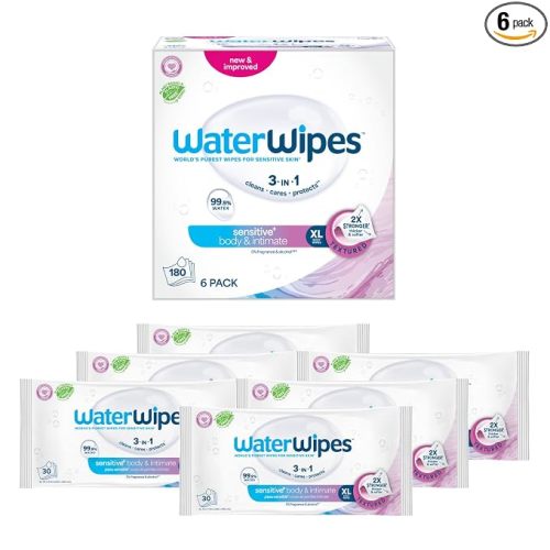 WaterWipes Sensitive Whole Body Cleansing Wipes, 99.9% Purified Water, XL Textured Wipes, Incontinence Care, Fragrance Free, 180 Count
