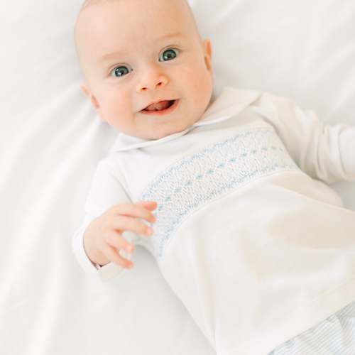 Benjamin Smocked Long Sleeve Diaper Cover Set - Light Blue