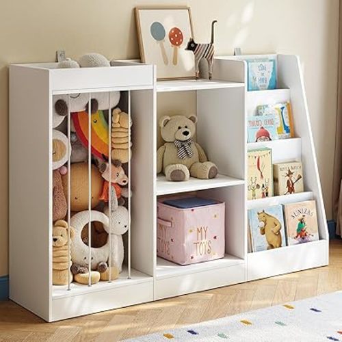 Unovivy Wooden Kids Bookshelf and Toy Storage, White Toddler Bookcase with Stuffed Animal Storage, 4-Tier Book Shelf for Kids Rooms, Montessori Bookshelf for Nursery Bedroom and Playroom