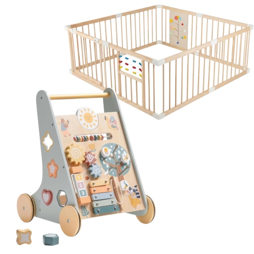 Natural Play & Explore Bundle – Wooden Playpen & Baby Push Walker