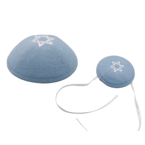 Light Blue Linen Father and Son Baby Magen David Kippot
