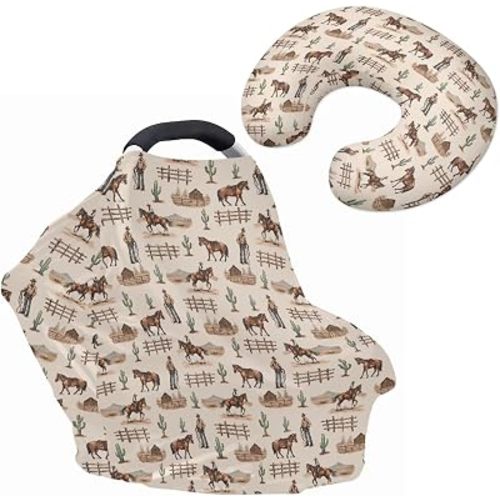 All-in-1 Cactus Horse Car Seat Cover with Nursing Pllow Case for Baby, Soft Stretchy Infant Car Seat Cover U Shaped Pillowcase Covers Set of 2