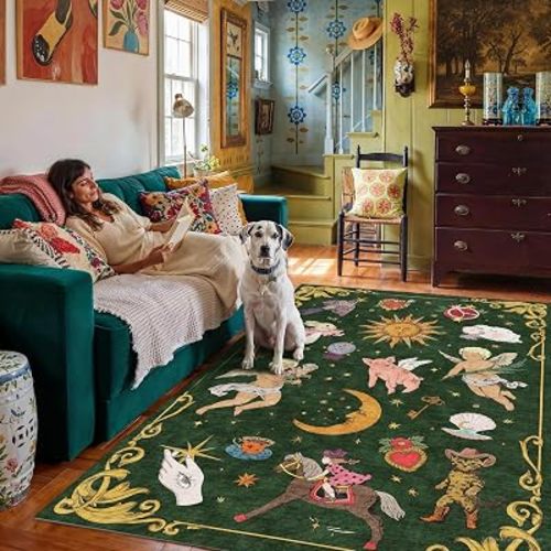 5x7 Celestial Sun Moon Unique Dark Hunter Green Soft Washable Area Rug