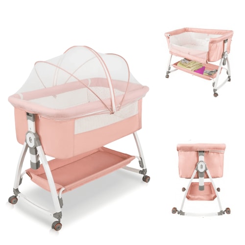 KFeng Baby Bassinet with Changing Table & Wheel,Adjustable Height for 0-36 Months,(Peach Pink)