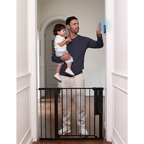 Babelio Smart Infrared Auto-Unlock Baby Gate for Doorways & Stairs, Auto Close Dog/Pet Gates for House, Pressure Mounted | Easy Install | No Drilling | Walk Thru Door (Black, 26.3-37.8" W, 30" H)